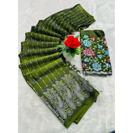 Generic Women's Georgette Striped Saree With Unstitched Blouse 5.5Mtr (Olive Green)