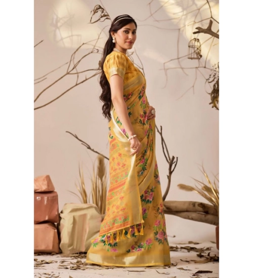 Generic Women's Faux_Linen Printed Saree With Unstitched Blouse 5.5Mtr (Gold)