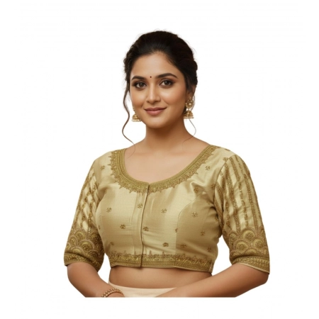 Generic Women's Phantom Silk Embroidered Designer Neck Padded Blouse (Beige 38 Ready (Alterable up to 42)