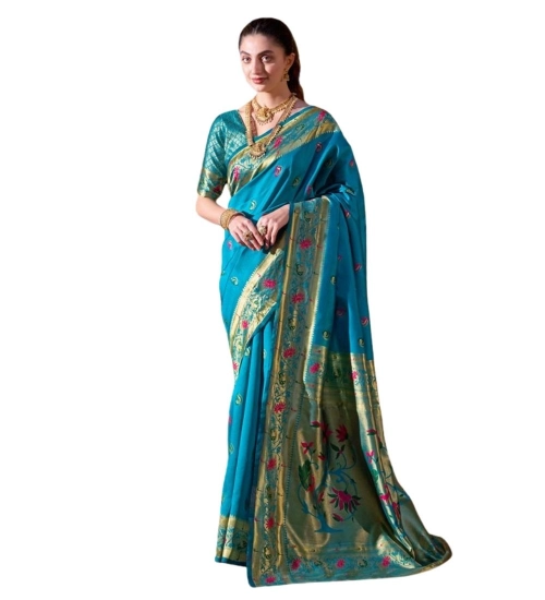 Generic Women's Silk Blend Zari Woven Saree With Unstitched Blouse 5.5Mtr (Turquoise)