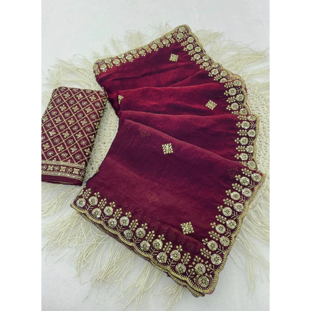 Generic Women's Satin Embellished Saree With Unstitched Blouse 5.5Mtr (Maroon)