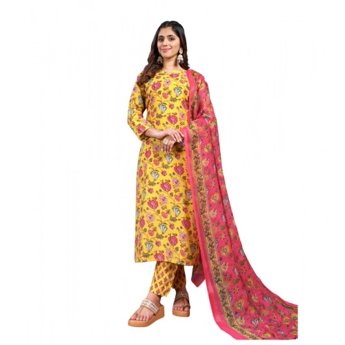 Generic Women's Cotton Blend Printed Kurti With Pant Dupatta Set (Yellow)