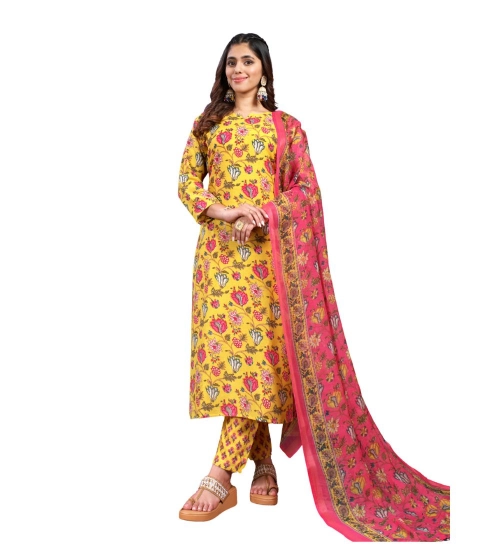 Generic Women's Cotton Blend Printed Kurti With Pant Dupatta Set (Yellow)