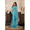 Generic Women's Faux Linen Floral Print Ready to wear Saree With Unstitched Blouse 5.5Mtr (AquaBlue)