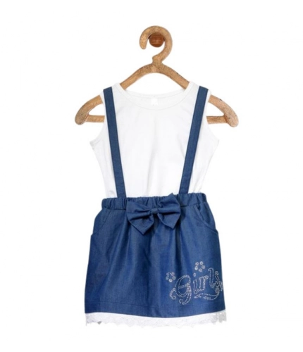 Generic Girl's Denim Embellished Sleeveless Skirt with inner (Dark Blue)