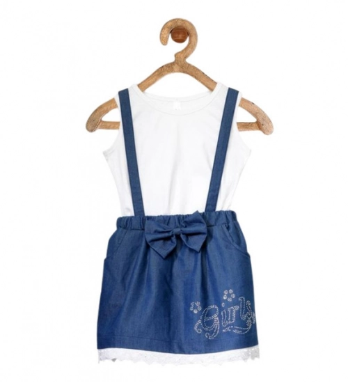 Generic Girl's Denim Embellished Sleeveless Skirt with inner (Dark Blue)