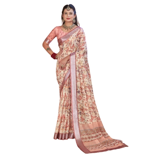 Generic Women's Printed Cotton Linen Saree withPrinted  Saree With Unstitched Blouse (Beige, 5-6Mtrs)