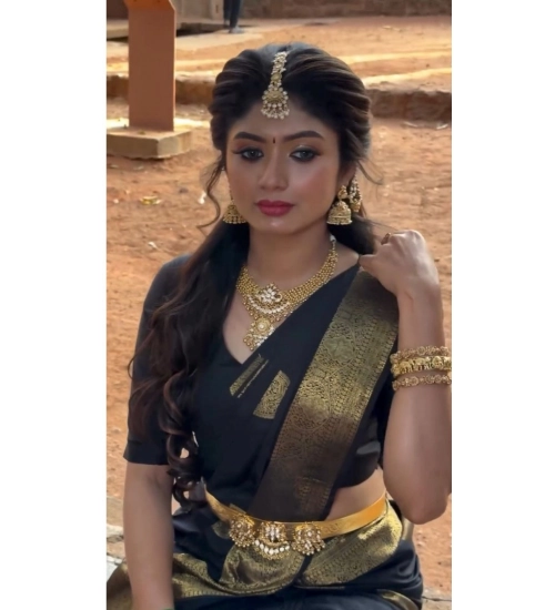 Generic Women's Soft Litchi Silk Jacquard Work Saree With Unstitched Blouse 5.5Mtr (Black)