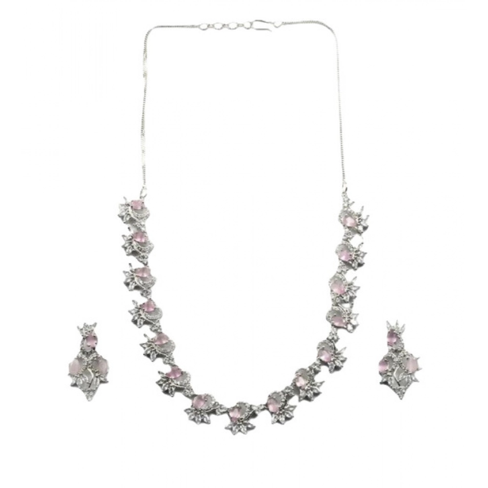 Generic Women's Brass Silver Plated Necklace set (Pink)