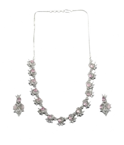 Generic Women's Brass Silver Plated Necklace set (Pink)