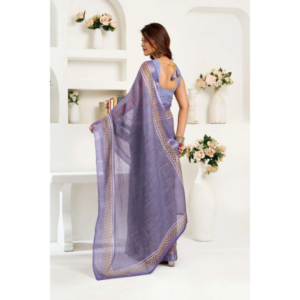Generic Women's Linen Cotton Printed Ready To Wear Saree With Unstitched Blouse 5.5 Mtr (Light_Lavender)