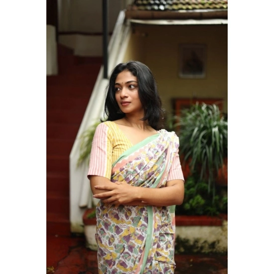 Generic Women's Linen Printed Saree With Unstitched Blouse 5.5Mtr (Multicolor)