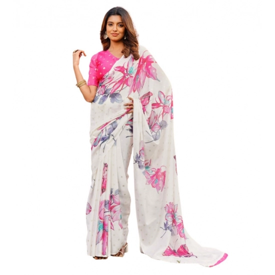 Generic Women's Georgette Floral & Butterfly Printed Saree With Unstitched Blouse 5.5Mtr (Off White-Pink) Generic Women's Georgette Floral & Butterfly Printed Saree With Unstitched Blouse 5.5Mtr (Off White-Pink)
