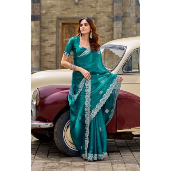 Generic Women's Faux Shimmer Geometric Ready to wear Saree With Unstitched Blouse 5.5Mtr (Teal) Generic Women's Faux Shimmer Geometric Ready to wear Saree With Unstitched Blouse 5.5Mtr (Teal)
