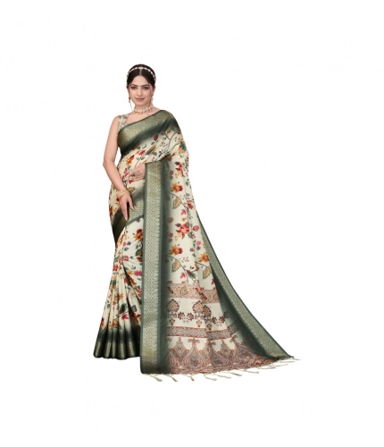 Generic Women's Cotton Silk  Printed Saree With Unstitched Blouse 5.5Mtr (Green)
