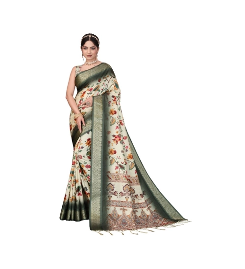 Generic Women's Cotton Silk  Printed Saree With Unstitched Blouse 5.5Mtr (Green)