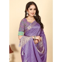 Generic Women's Cotton Blend Checkered Saree With Unstitched Blouse 5.5Mtr (Purple)