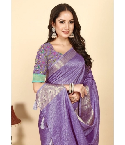 Generic Women's Cotton Blend Checkered Saree With Unstitched Blouse 5.5Mtr (Purple)