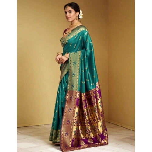 Women's Silk Blend Zari Weaving Saree With Unstitched Blouse 5.5Mtr (Green)
