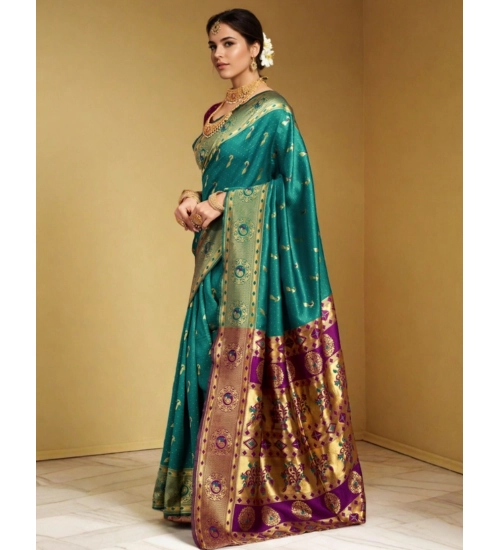 Generic Women's Silk Blend Zari Weaving Saree With Unstitched Blouse 5.5Mtr (Green)