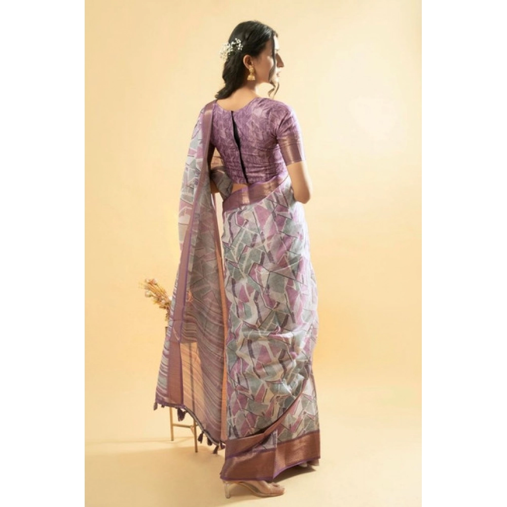 Women's Polyester Printed Saree With Unstitched Blouse 5.5 Mtr (Light Purple)