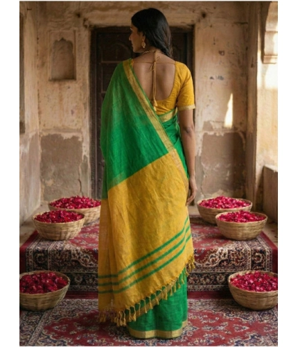 Generic Women's Cotton Printed Saree With Unstitched Blouse 5.5Mtr (Green)