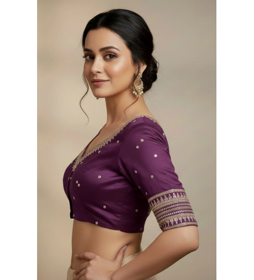 Generic Women's Vichitra Silk V Neck Padded Blouse (Purple, 38 Ready Size (Self-Alterable 36–40)