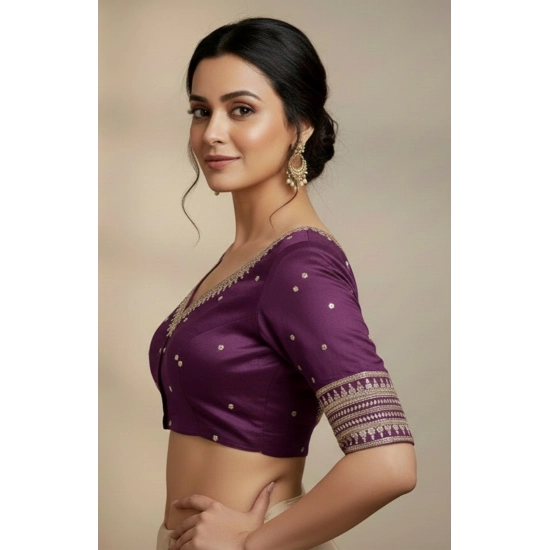 Generic Women's Vichitra Silk V Neck Padded Blouse (Purple, 38 Ready Size (Self-Alterable 36–40)