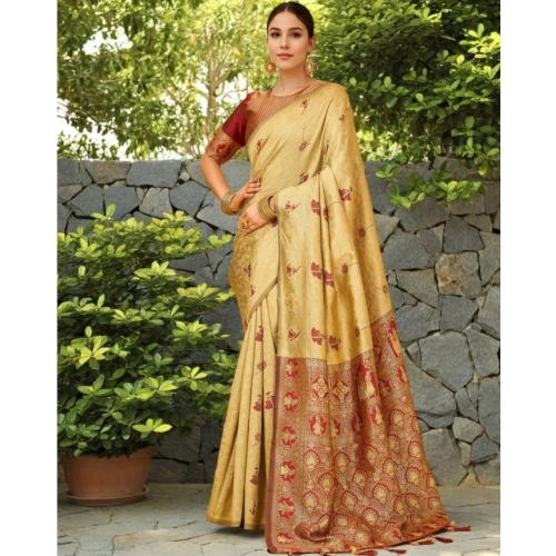 Women's Silk Blend Woven Paithani Saree With Unstitched Blouse 5.5Mtr (Beige) Women's Silk Blend Woven Paithani Saree With Unstitched Blouse 5.5Mtr (Beige)