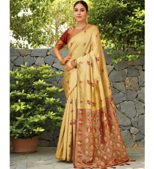 Generic Women's Silk Blend Woven Paithani Saree With Unstitched Blouse 5.5Mtr (Beige)