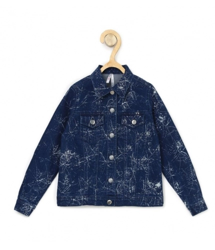 Generic Girl's Denim Washed Flutter Jacket with Crinkle (Blue)