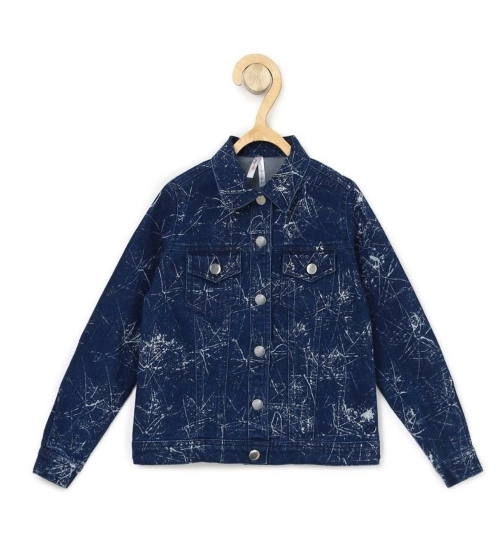 Generic Girl's Denim Washed Flutter Jacket with Crinkle (Blue)