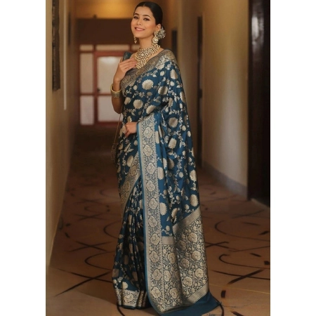 Generic Women's Jacquard Printed Saree With Unstitched Blouse 5.5Mtr (Teal)