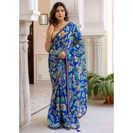 Generic Women's Georgette Floral Printed Saree With Unstitched Blouse 5.5Mtr (Blue)