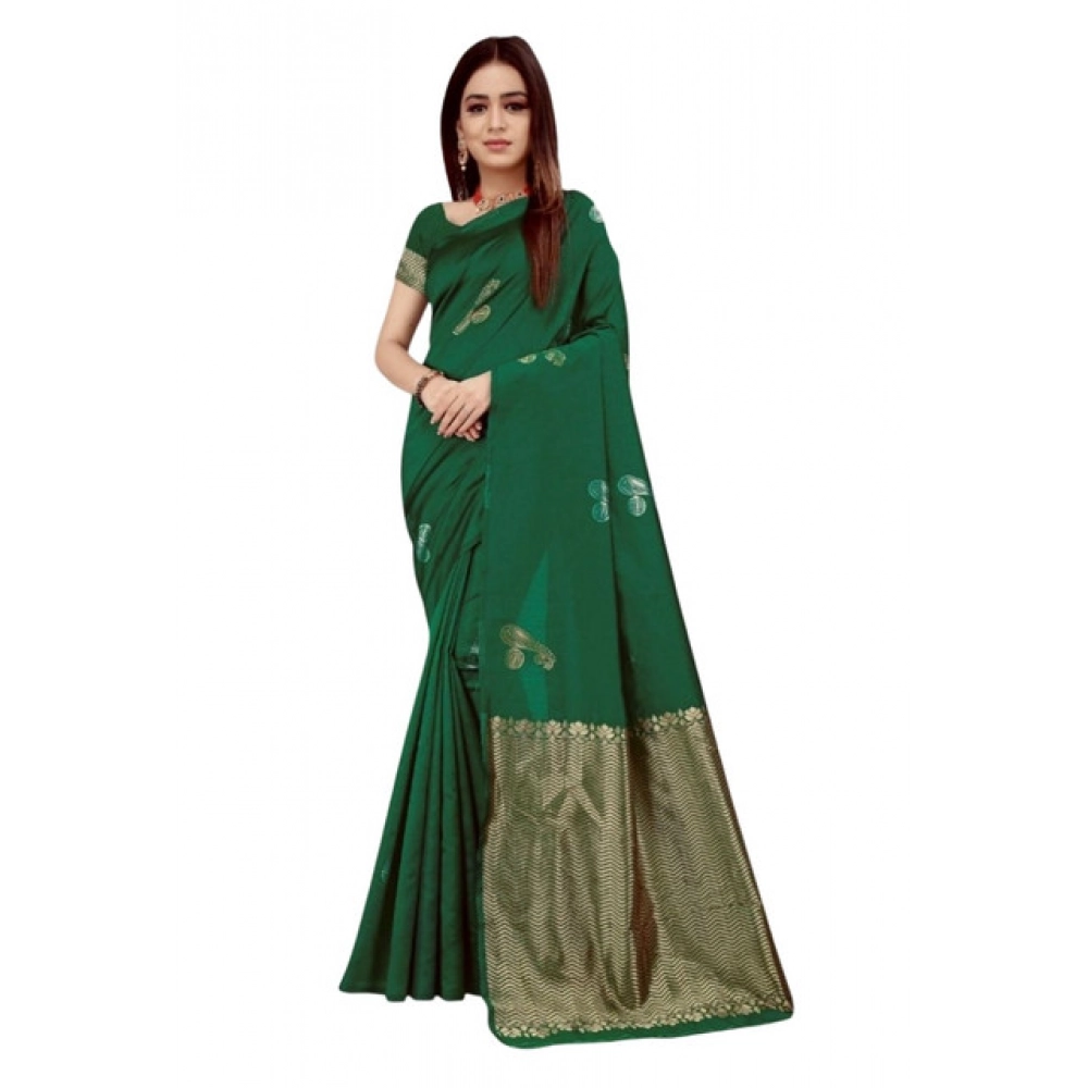 Generic Women's Soft Litchi Silk Jacquard Work Saree With Unstitched Blouse 5.5Mtr (Green)