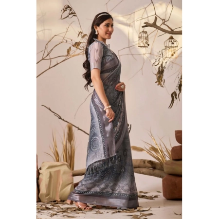 Generic Women's Faux_Linen Printed Saree With Unstitched Blouse 5.5Mtr (Light_Grey)