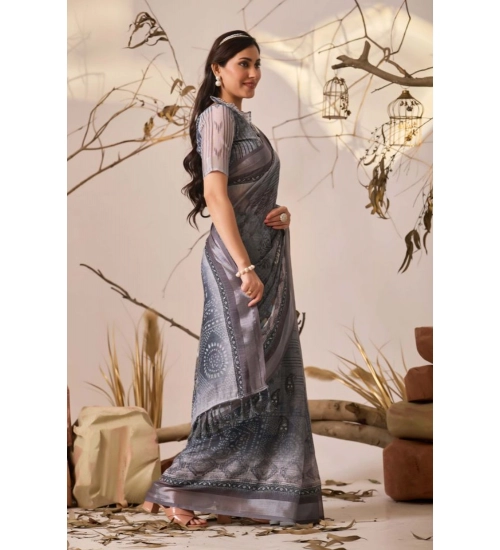 Generic Women's Faux_Linen Printed Saree With Unstitched Blouse 5.5Mtr (Light_Grey)