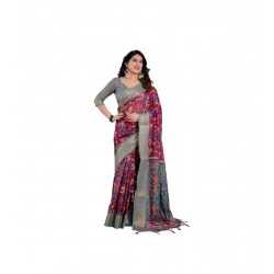 Generic Women's Linen  Printed Saree With Unstitched Blouse 5.5Mtr (Purple)