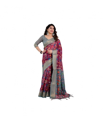 Generic Women's Linen  Printed Saree With Unstitched Blouse 5.5Mtr (Purple)
