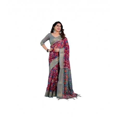 Generic Women's Linen  Printed Saree With Unstitched Blouse 5.5Mtr (Purple)