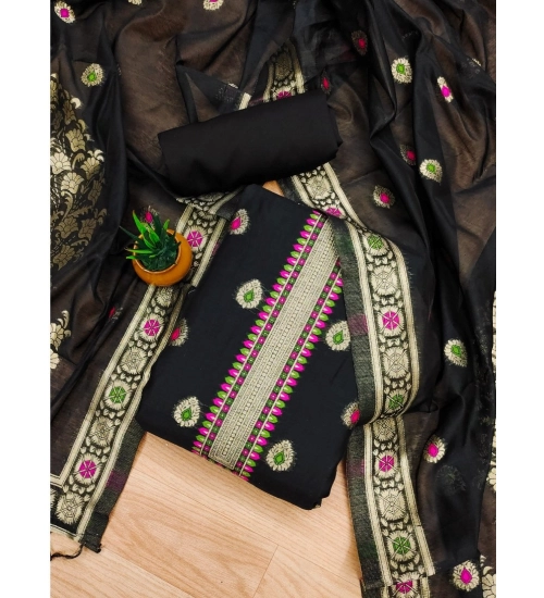 Generic Women's Banarasi Silk Printed Unstitched Salwar Suit Material With Dupatta (Black, 3Mtrs)