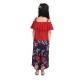 Generic Girl's Rayon Crepe Printed Cold Shoulder Top and Pants Set (Red-Navy)
