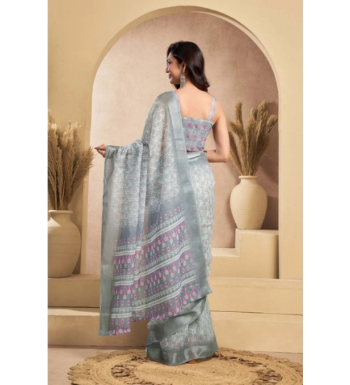 Generic Women's Faux_Linen Printed Ready-to-Wear Saree With Unstitched Blouse 5.5 Mtr (Grey)