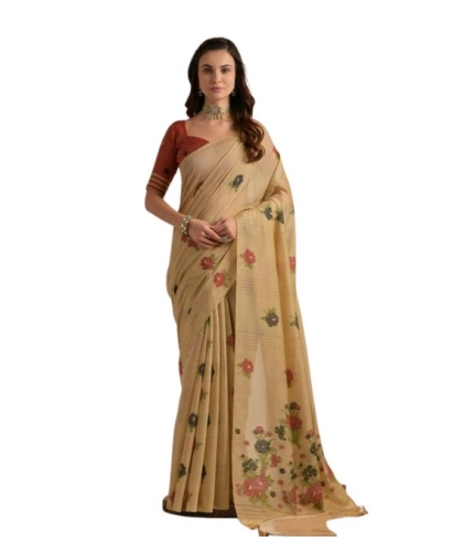Generic Women's Blended_Cotton Floral Motifs And Woven Buttas Saree With Unstitched Blouse 5.5Mtr (Light_Beige)
