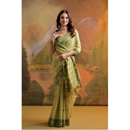 Generic Women's Blended_Cotton Woven Saree With Unstitched Blouse 5.5Mtr (Light_Green)