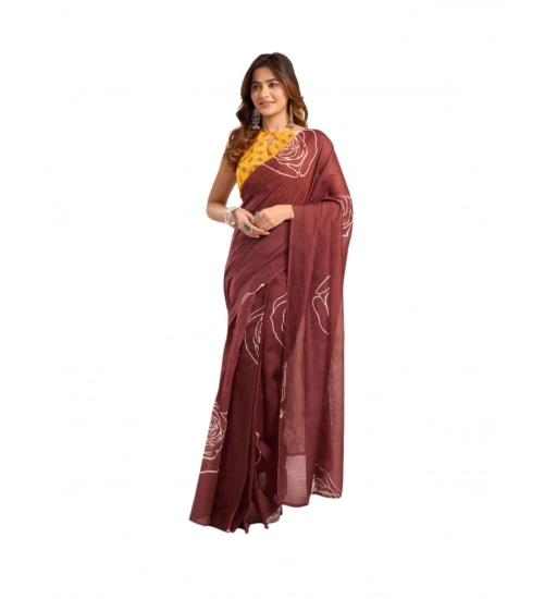 Generic Women's Faux_Linen Printed Ready-to-Wear Saree With Unstitched Blouse 5.5 Mtr (Brown)