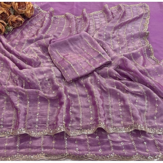 Generic Women's Slik Embellished Saree With Unstitched Blouse 5.5Mtr (Lavender)