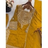 Generic Women's Silk Embroidered 3/4th Sleeve Round Kurti With Sharara Pant and Dupatta Set (Yellow)