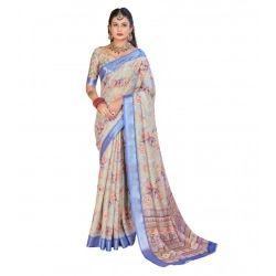 Generic Women's Printed Cotton Linen Saree withPrinted  Saree With Unstitched Blouse (Beige, 5-6Mtrs)