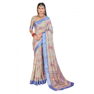 Generic Women's Printed Cotton Linen Saree withPrinted  Saree With Unstitched Blouse (Beige, 5-6Mtrs)